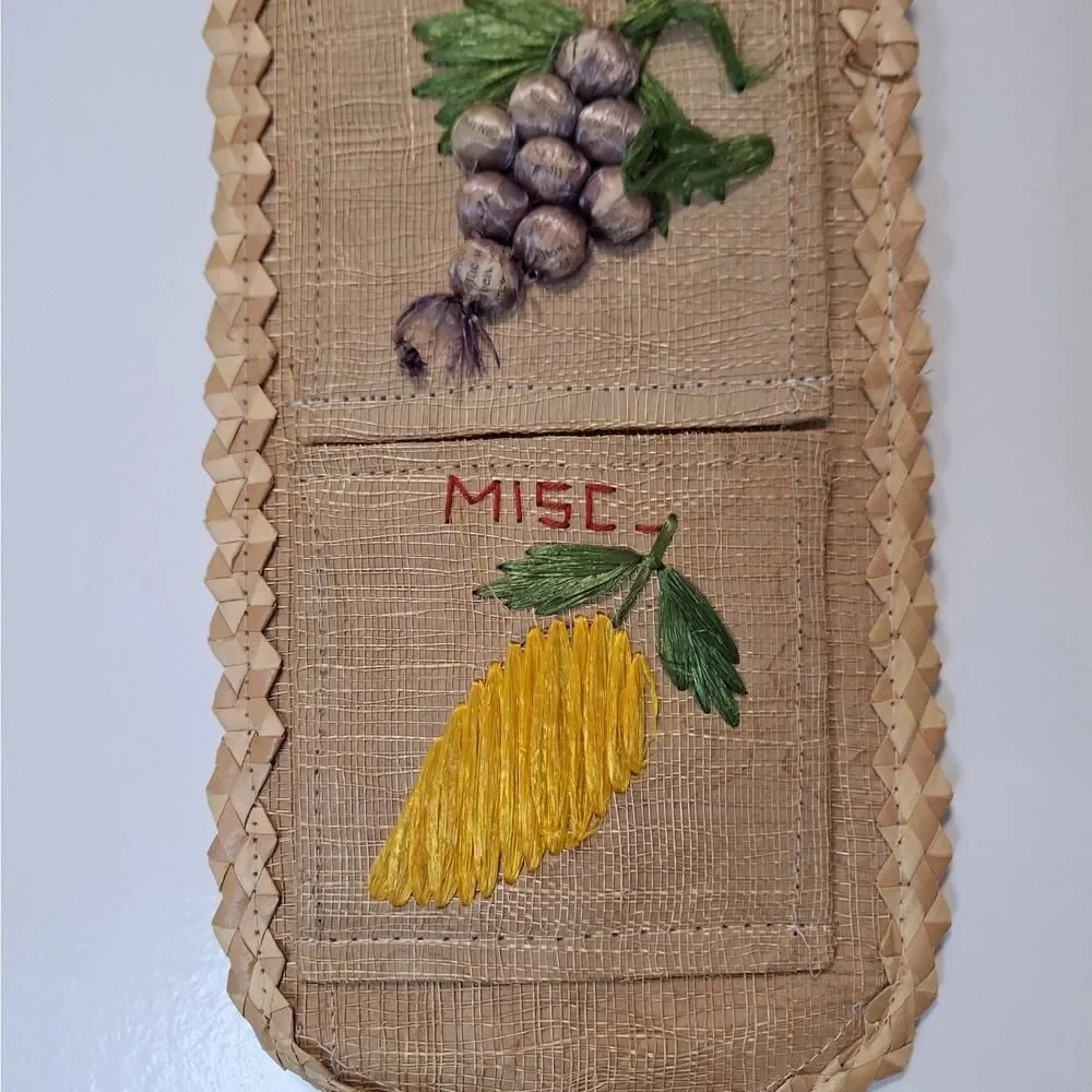 Vintage Woven Straw Rattan Mail Sorter Fruit Panama 3 Slots Wall Hanging